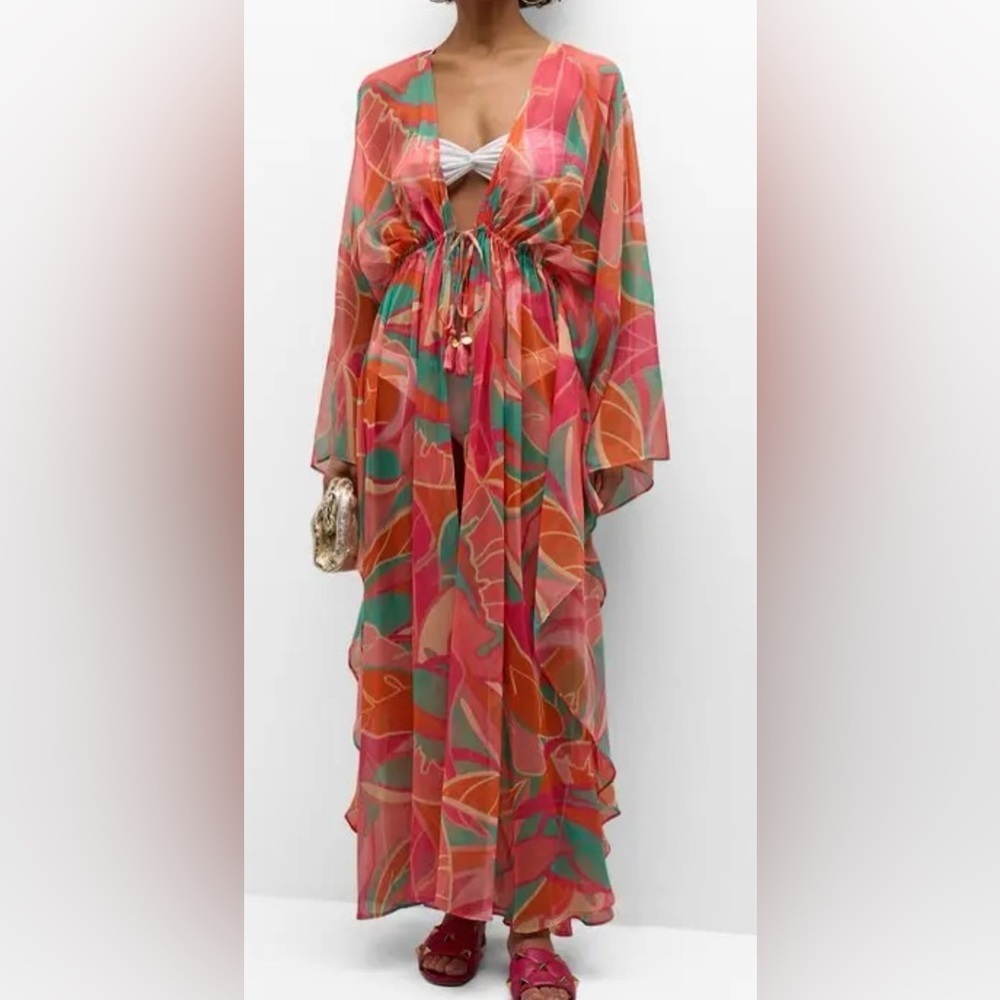 Ramy Brook Vibrant Pink and Orange Austin Sheer Palm Printed Pool Coverup M